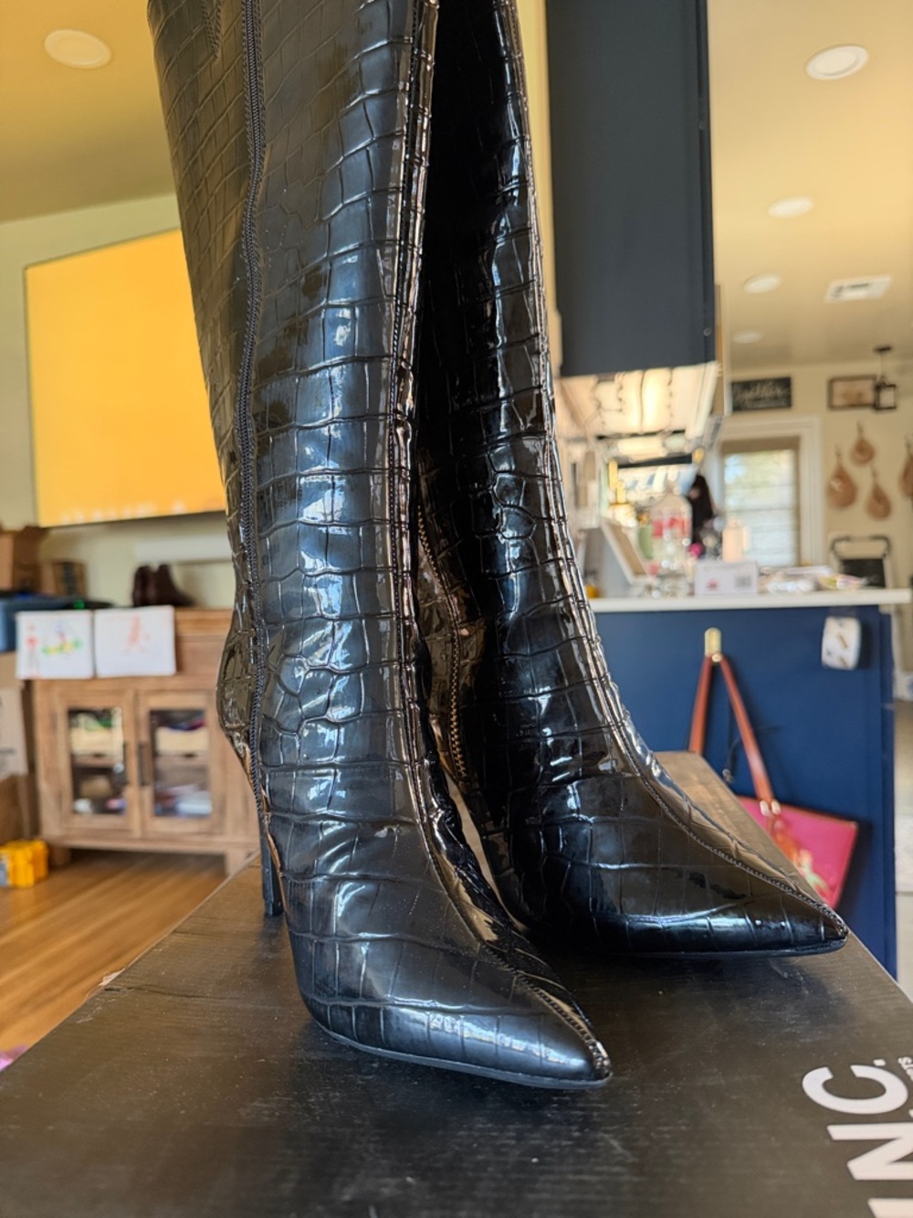 I.N.C Sabrina Black Croc-Embossed Pointed Toe Stiletto Boots - Women (51)